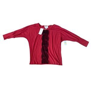 Two by Vince Camuto Red/Black 3/4 Sleeve Top Garnet Crest w/Lace Women Sz M
